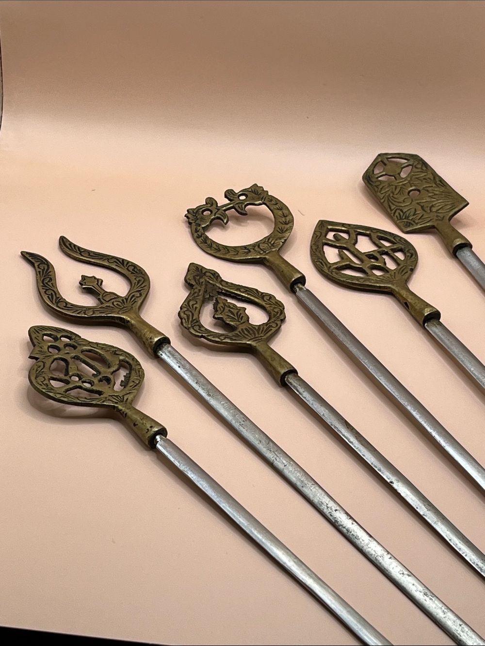 1960s 6 Tarzan Inox Turkish Brass Skewers Fondue Spears set of 6 17”L